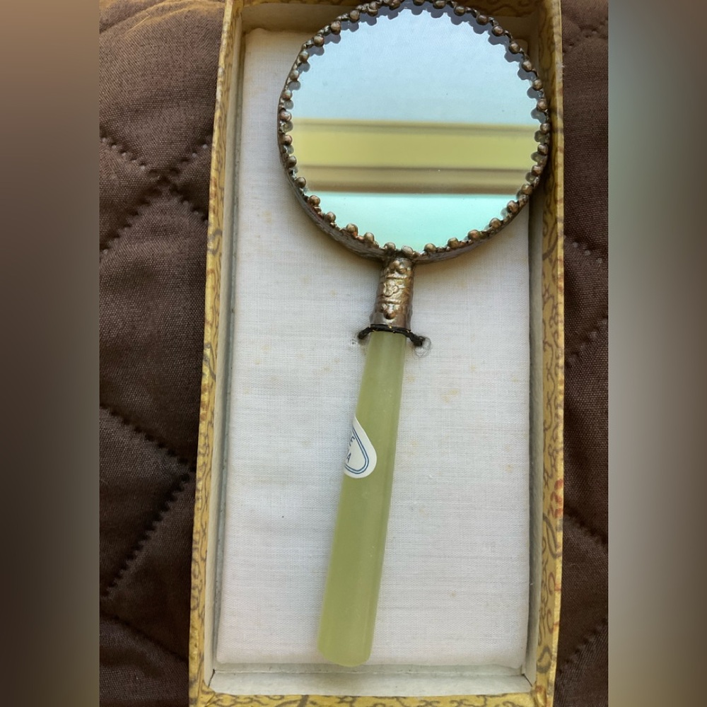 Vintage Decorative  Handheld Mirror with Green Jade Handle